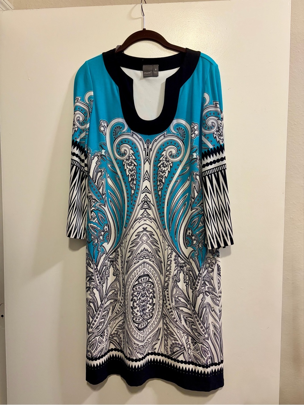 Muse Turquoise, White & Black Paisley Long Sleeve Shift Dress